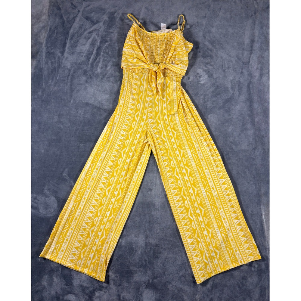 No Boundaries Jumpsuit XXL 19 Yellow White Geometric Tribal Print Boho Wide Leg